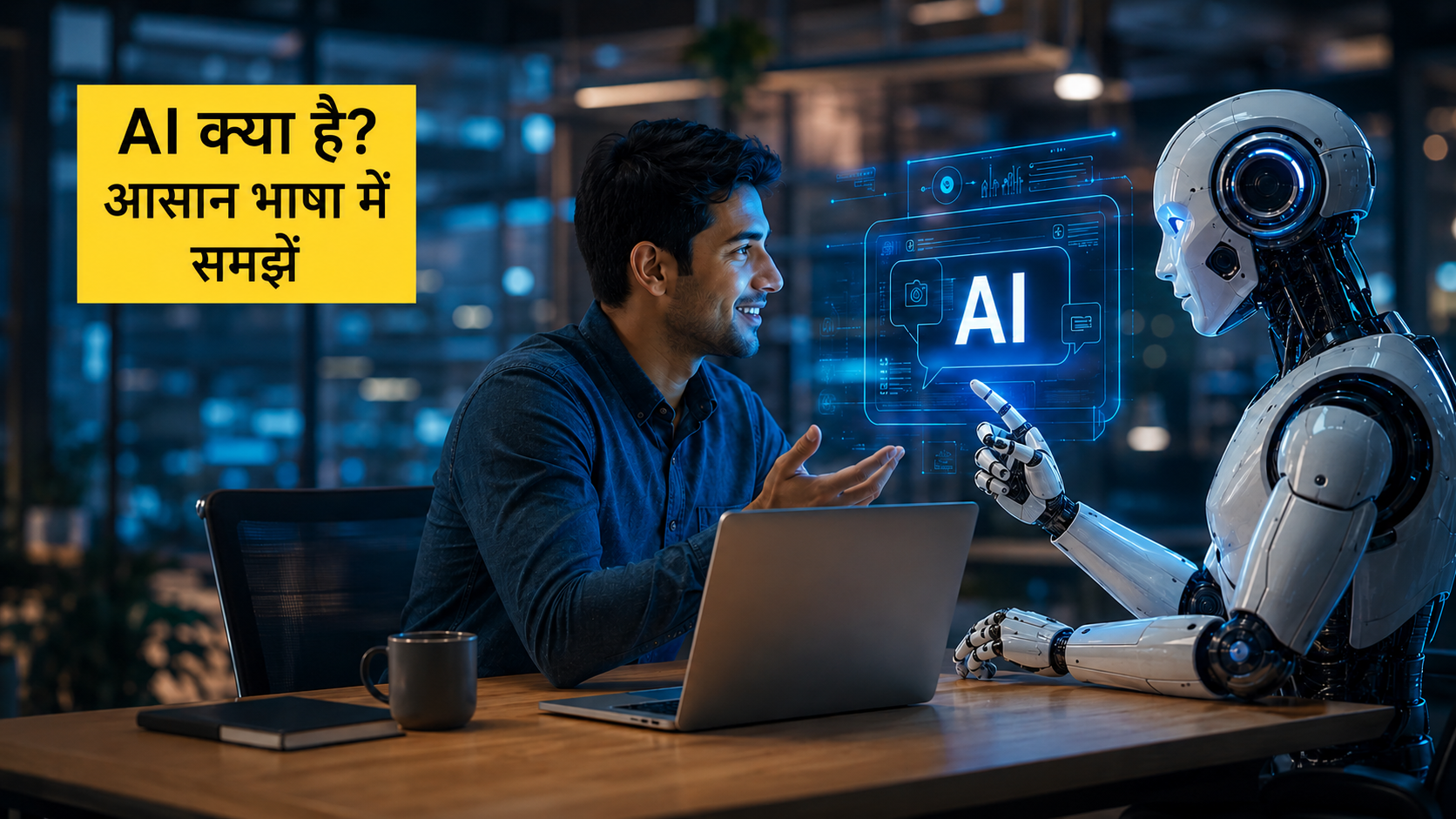 आर्टिफिशियल इंटेलिजेंस (AI) क्या है, इसे आसान भाषा में समझाता हुआ ग्राफिक