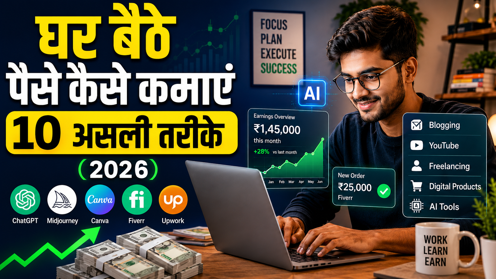 घर बैठे laptop पर काम करता भारतीय freelancer AI tools के साथ 2026
