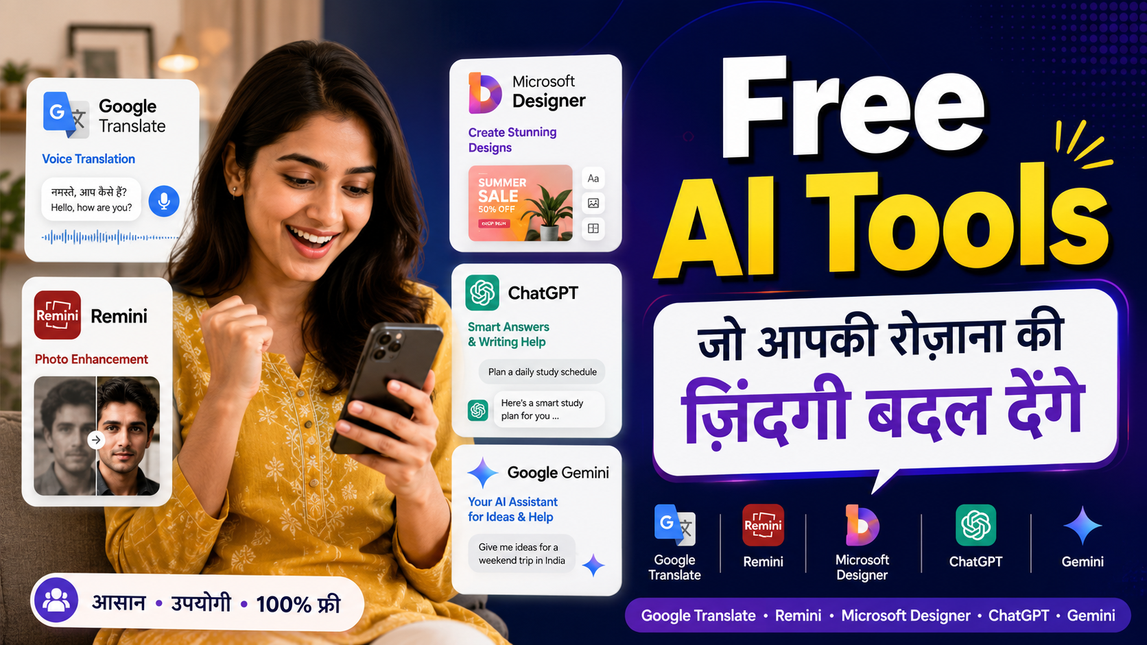 Free AI tools India mein use karte non-tech user smartphone par, AI tools rozana ki zindagi ke liye