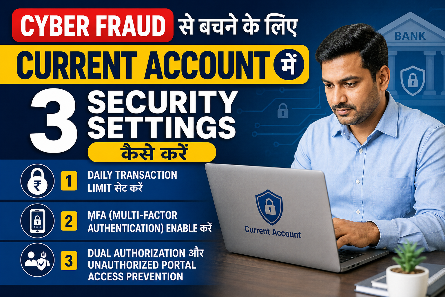 Small business owner current account net banking security settings check karta hua laptop par, cyber fraud se bachne ke tarike
