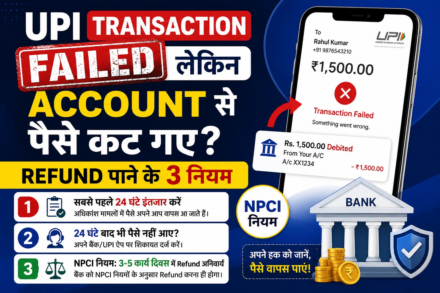 UPI transaction failed पैसे कट गए refund कैसे पाएं NPCI नियम हिंदी गाइड