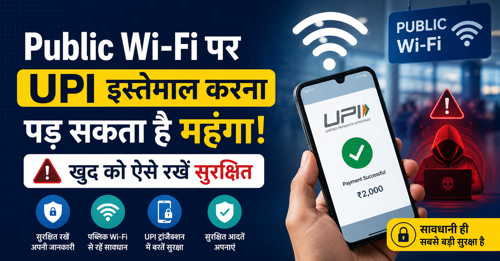 Public WiFi par UPI use karna khatarnak, mobile screen par UPI app aur WiFi symbol