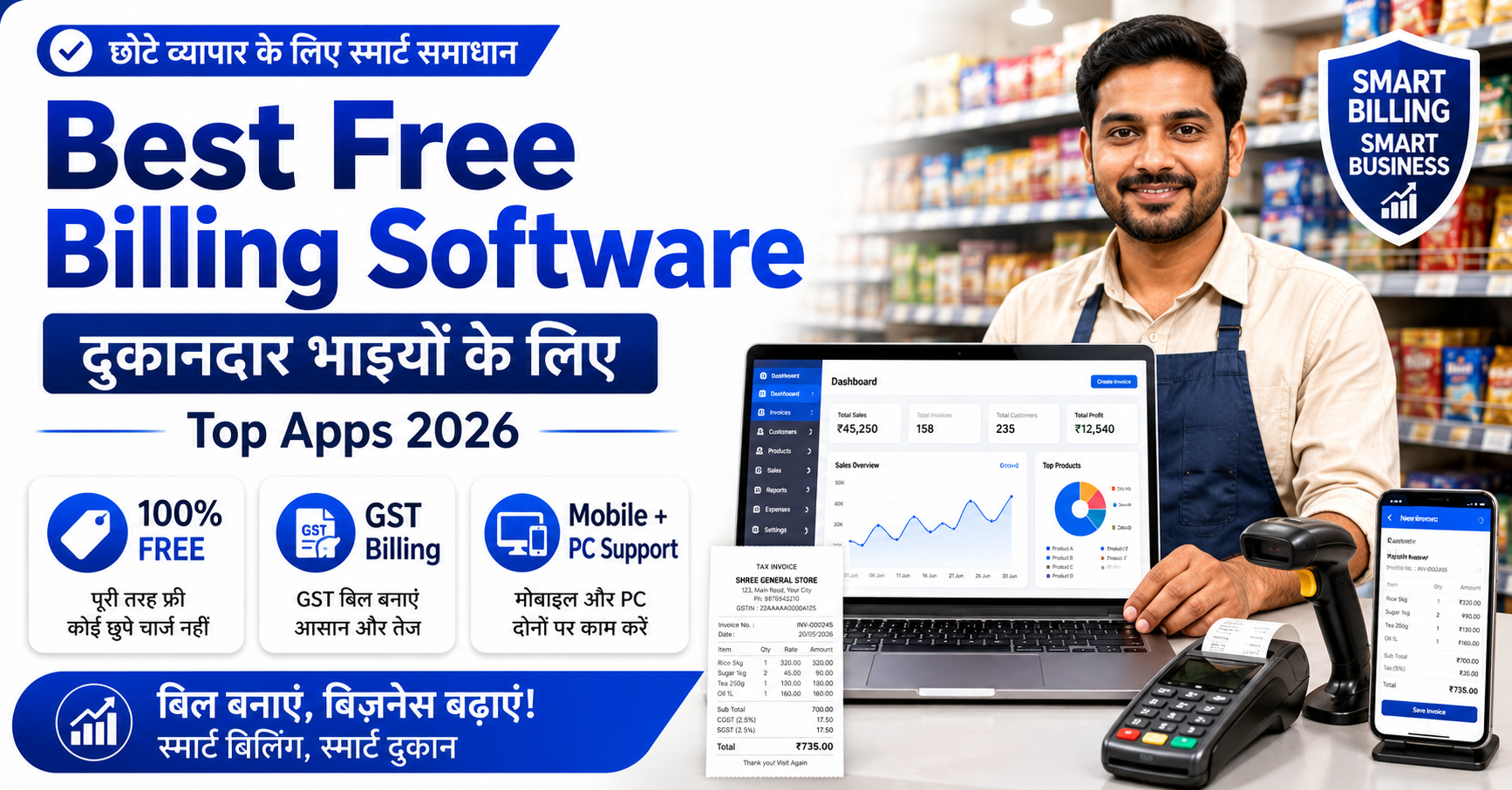 dukandar mobile pe billing app se GST invoice bana raha hai kirana store mein 2026