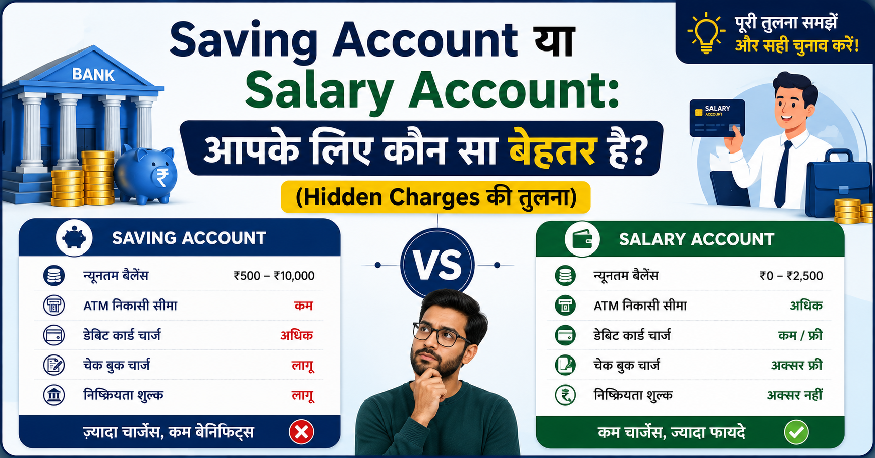 saving account vs salary account का comparison दिखाती एक illustration