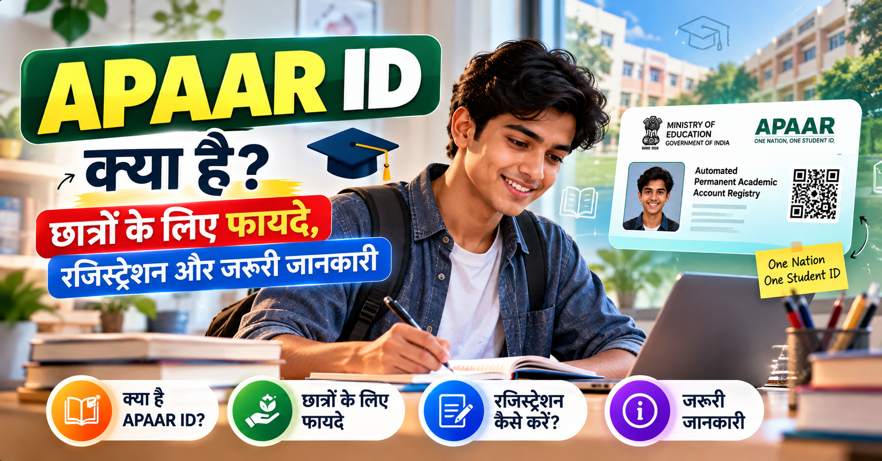 APAAR ID और डिजिटल शिक्षा के बारे में पढ़ता हुआ भारतीय विद्यार्थी