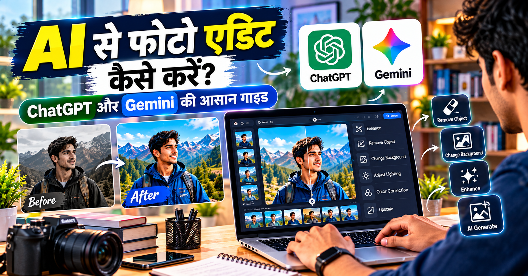 लैपटॉप पर AI टूल की मदद से फोटो एडिट करता व्यक्ति