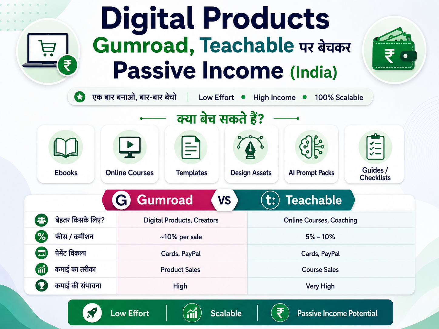 Digital products Gumroad Teachable पर बेचकर passive income India