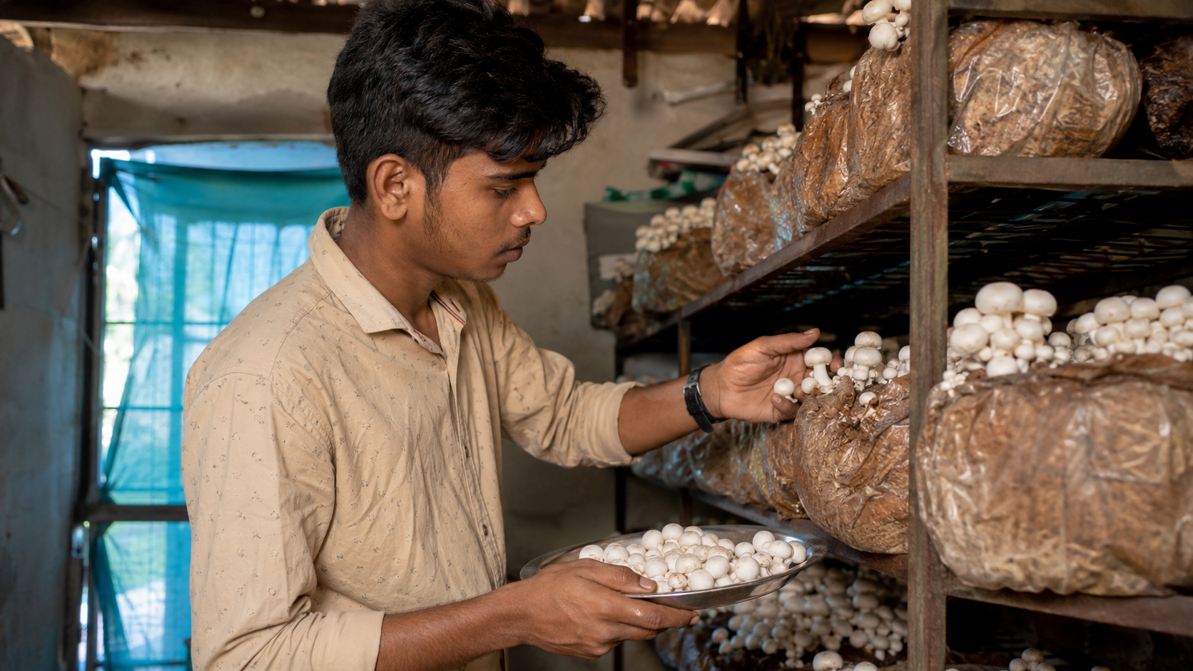 मशरूम की खेती गांव में indoor setup oyster button mushroom India