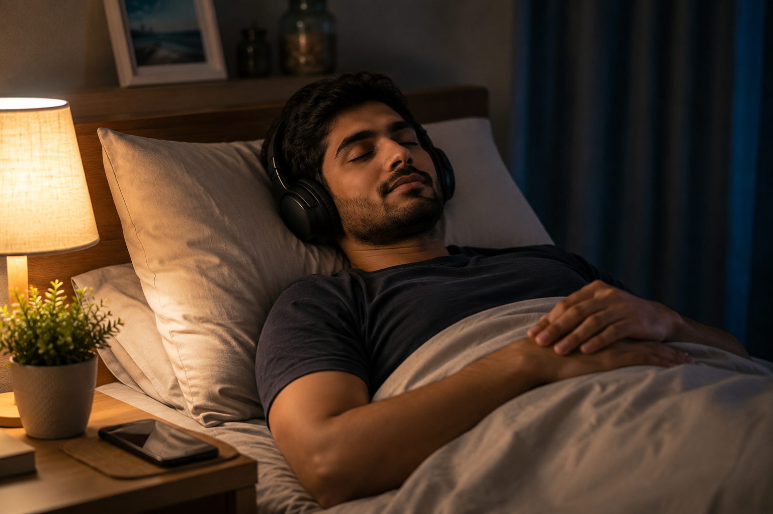 रात को सोने से पहले shांत music सुनता इंसान, neend ke liye music
