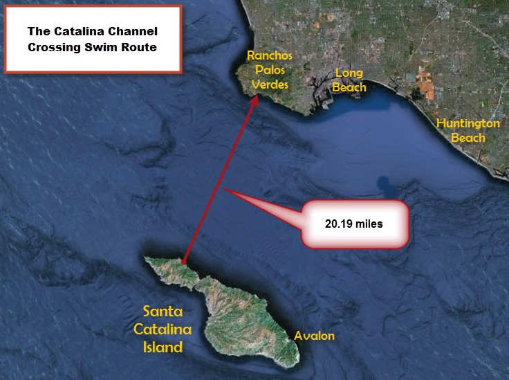 Catalina Channel map, California coast, swimming route