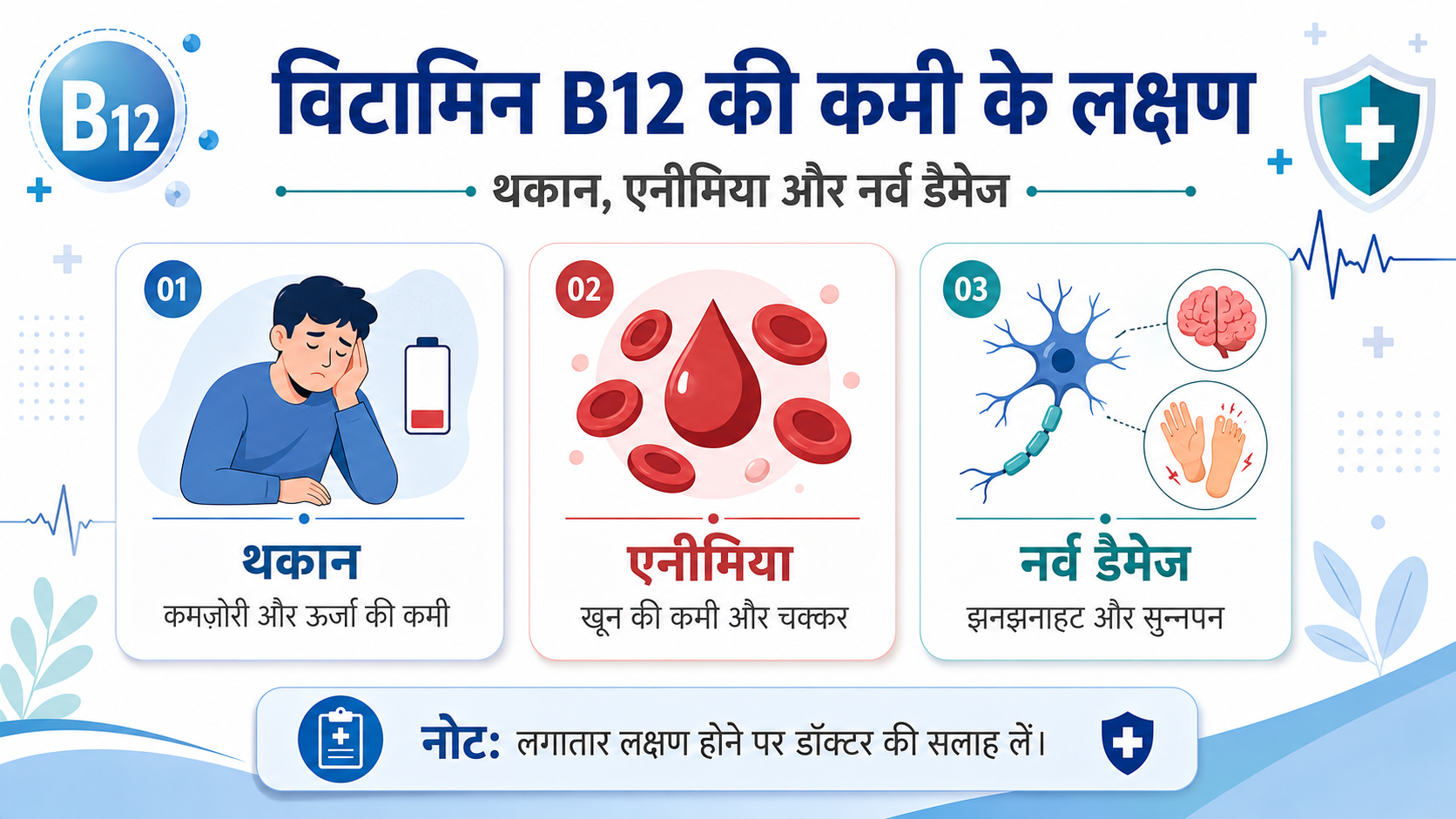 विटामिन बी12 की कमी के लक्षण थकान एनीमिया नर्व damage