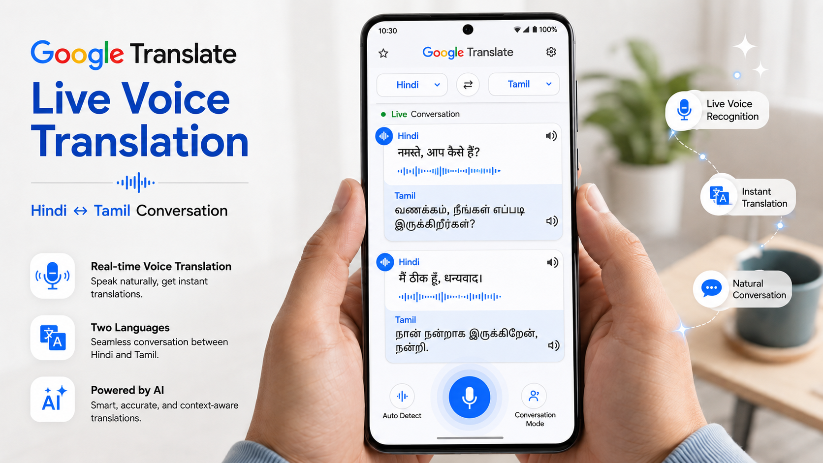 Google Translate live voice translation feature two languages screen, Hindi Tamil conversation AI