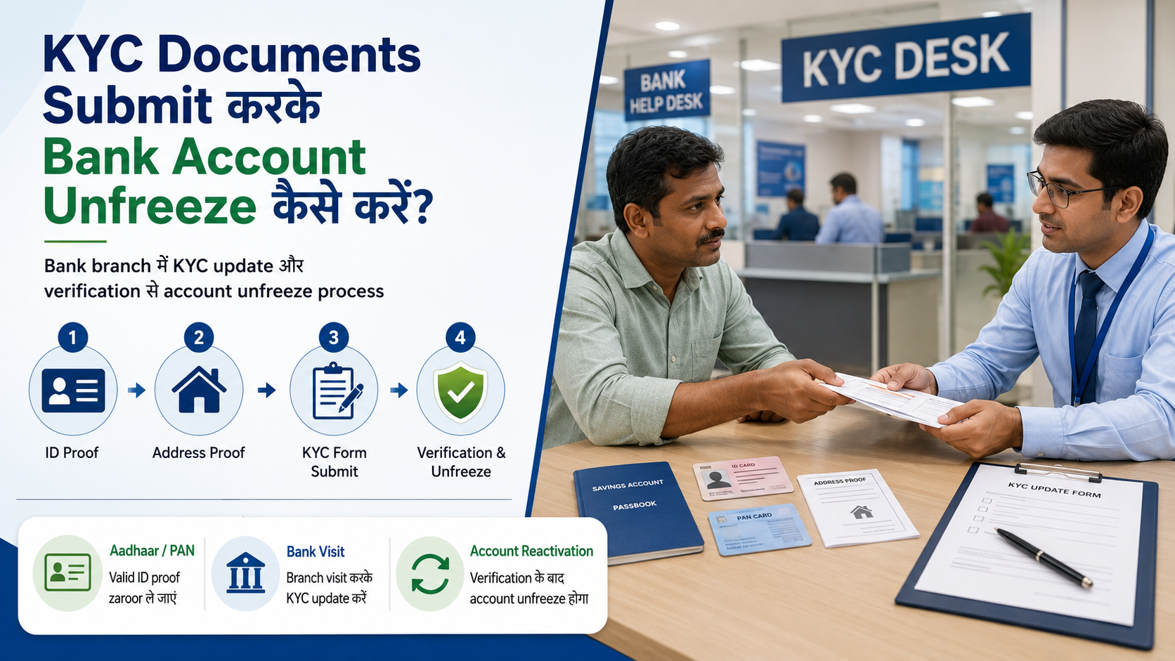 Bank branch mein KYC documents submit karte customer, KYC se bank account unfreeze process
