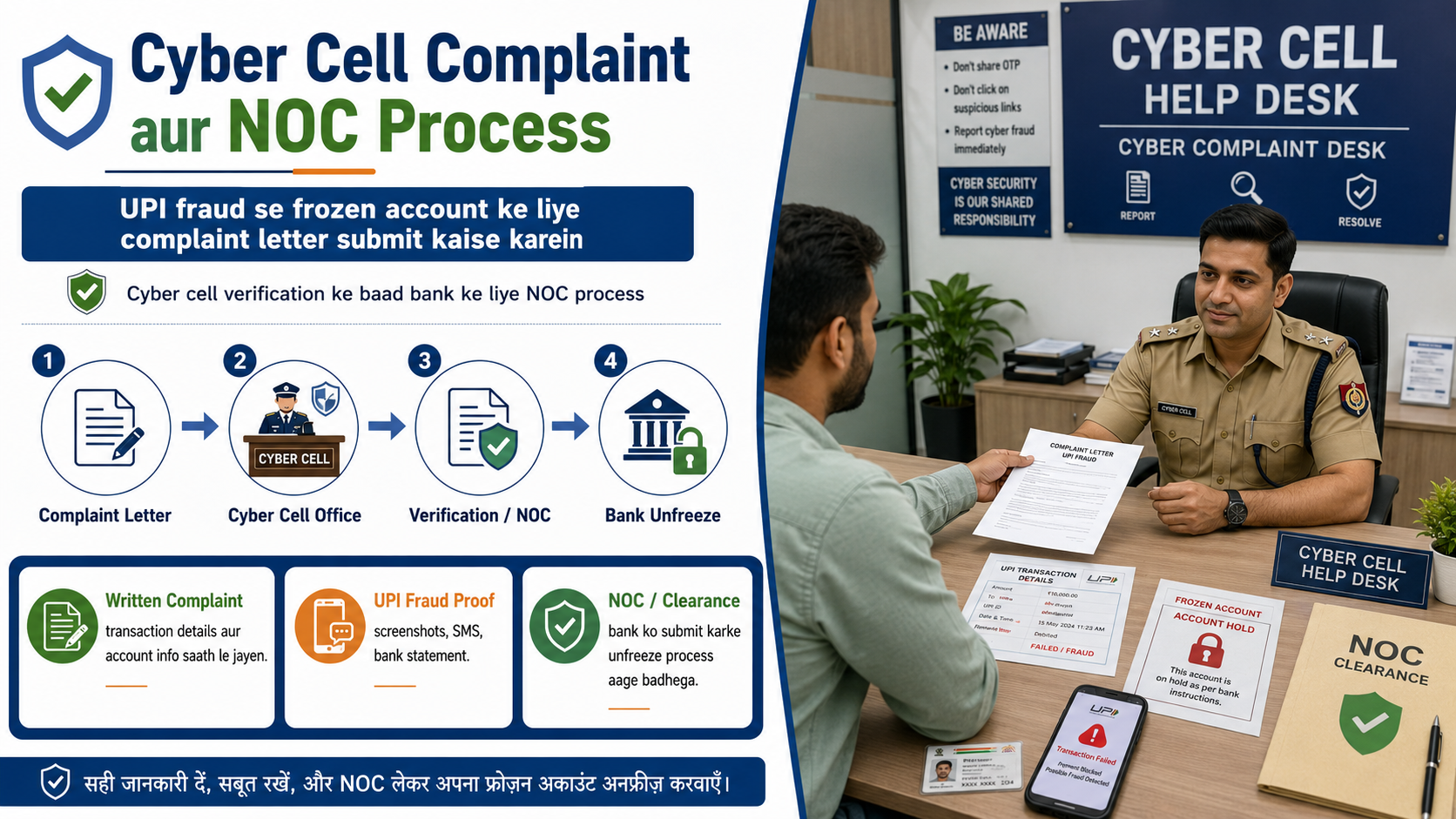 Cyber cell office mein complaint letter submit karna, UPI fraud se frozen account NOC process