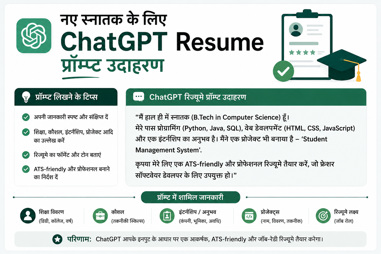 नए स्नातक के लिए ChatGPT Resume प्रॉम्प्ट उदाहरण हिंदी