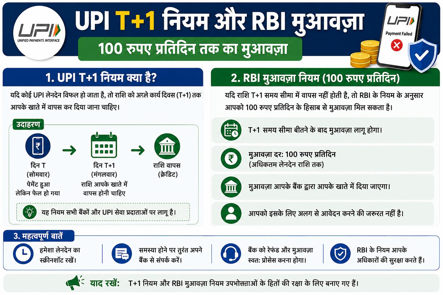 UPI T+1 नियम RBI मुआवज़ा 100 रुपए प्रतिदिन आरेख हिंदी
