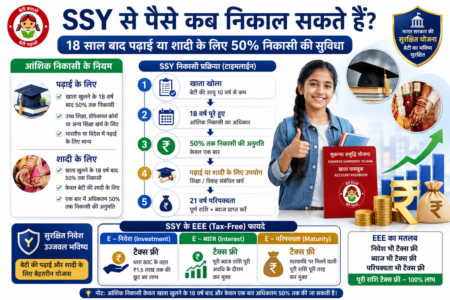 SSY partial withdrawal 50 percent 18 saal baad padhai shadi ke liye EEE tax free scheme beti