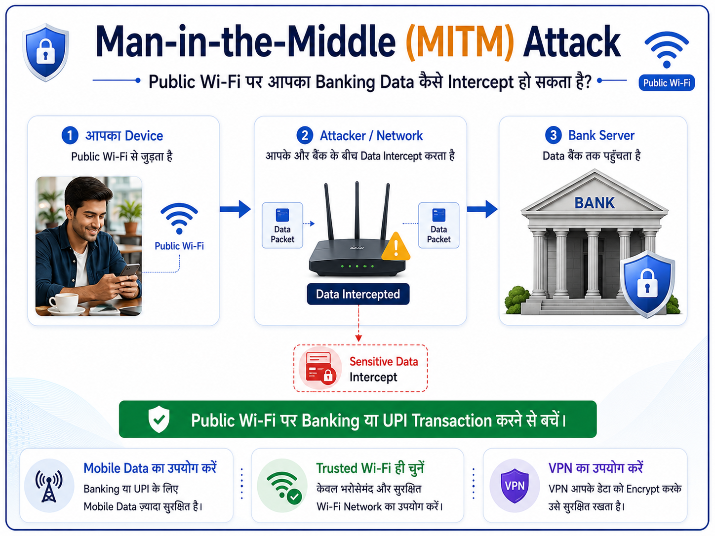 Hacker ka Man in Middle Attack diagram banking data intercept karta hua