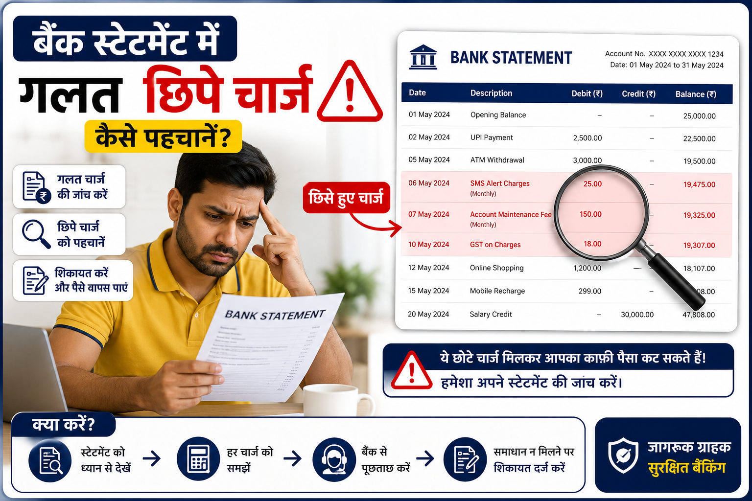 Bank statement mein galat hidden charges highlight karta hua Hindi customer