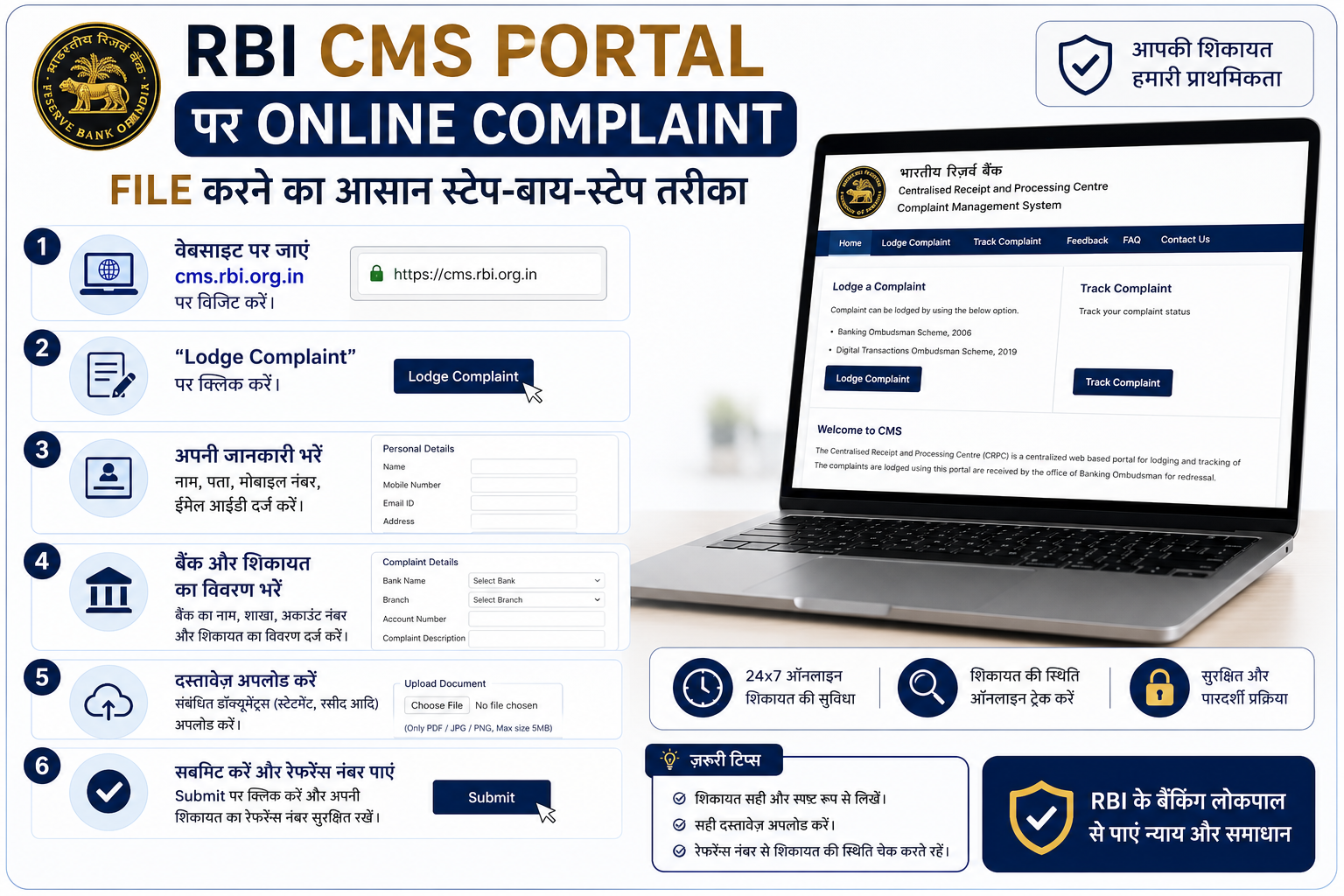 RBI CMS portal cms.rbi.org.in par online complaint file karne ka step