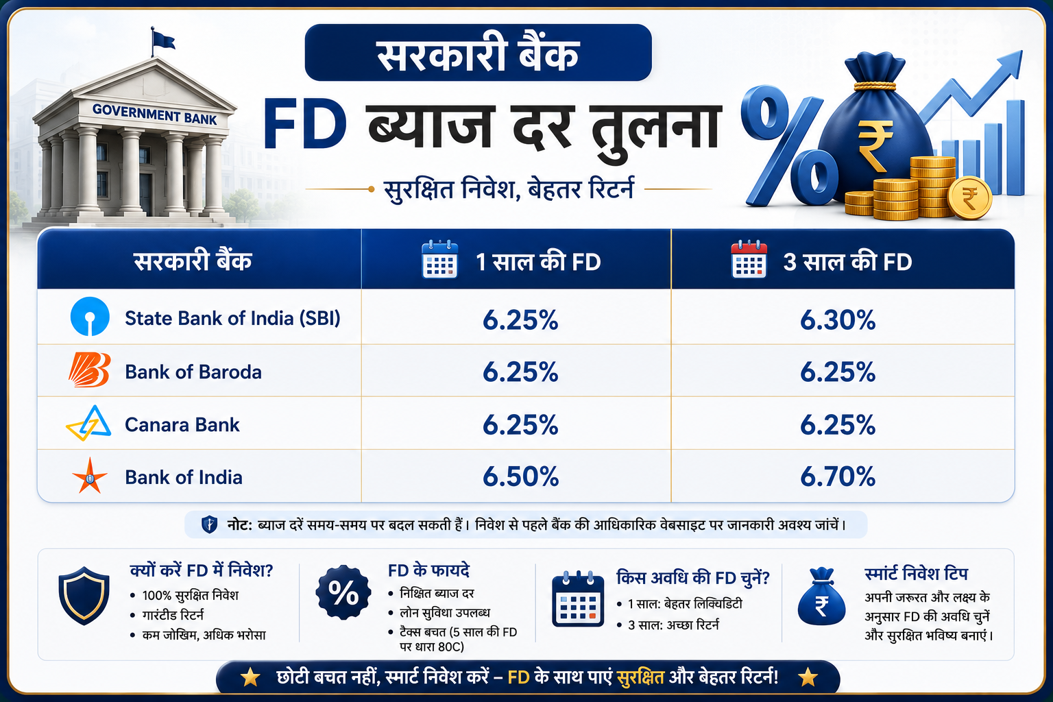 सरकारी बैंक SBI, Bank of Baroda, Canara Bank और Bank of India की FD interest rate तुलना table