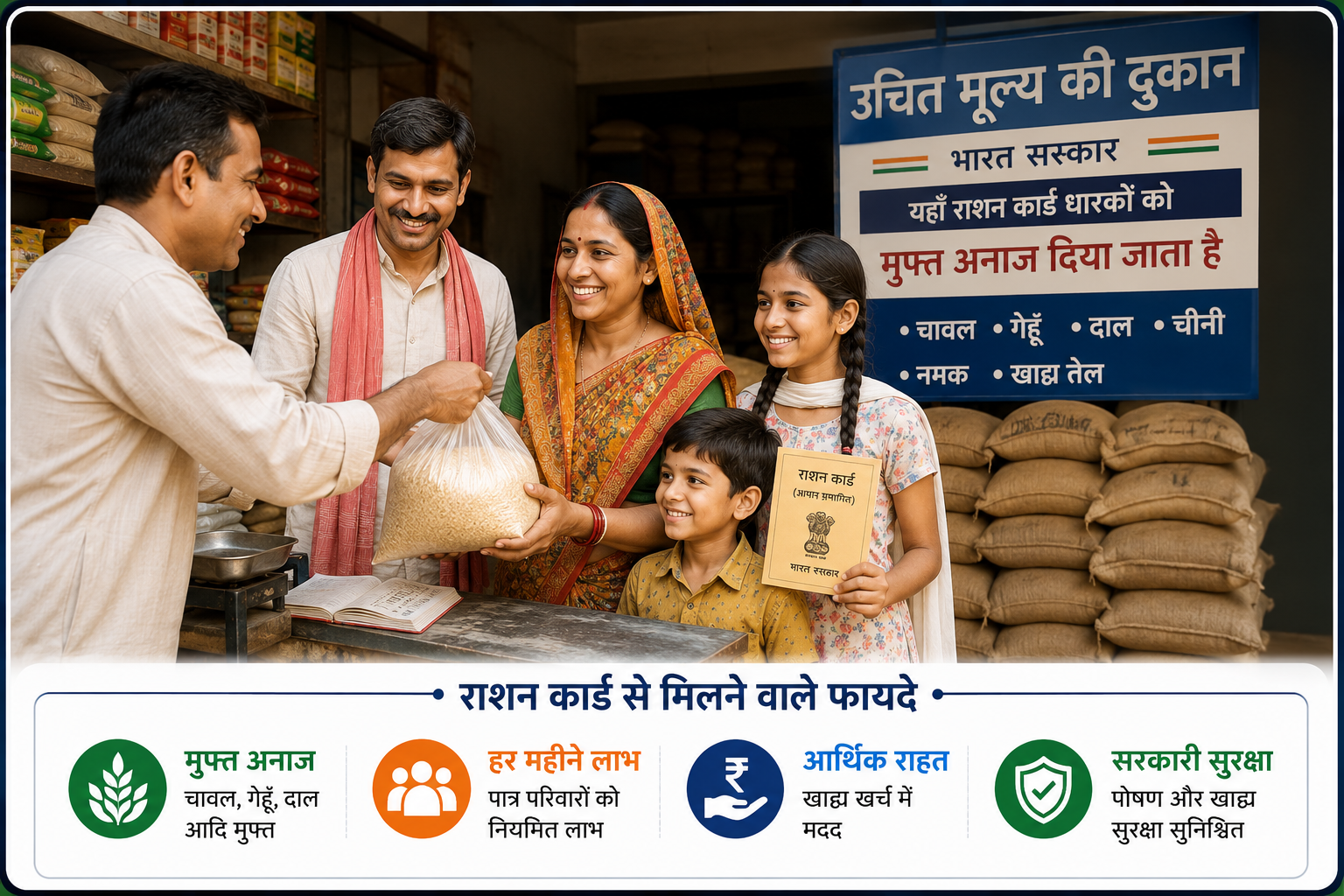 Fair Price Shop पर राशन कार्ड से मुफ्त अनाज लेता परिवार