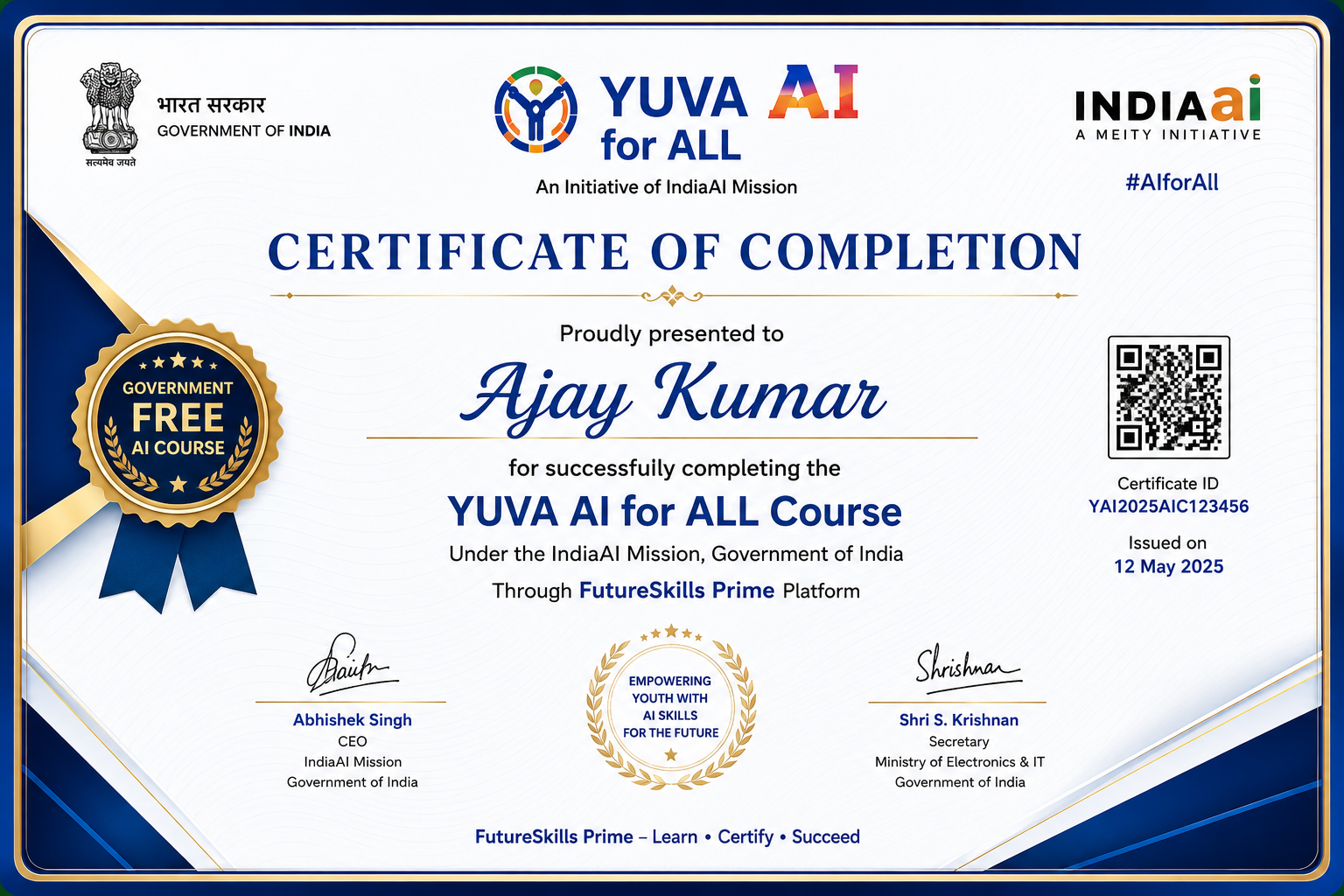 IndiaAI Mission का सरकारी फ्री AI सर्टिफिकेट कोर्स पूरा करने पर मिलने वाला certificate