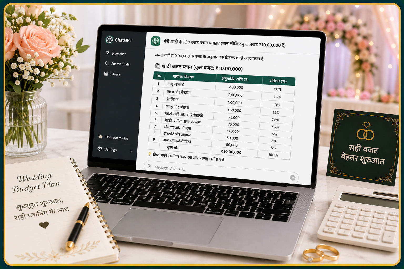 ChatGPT se shaadi budget banate hue laptop screen
