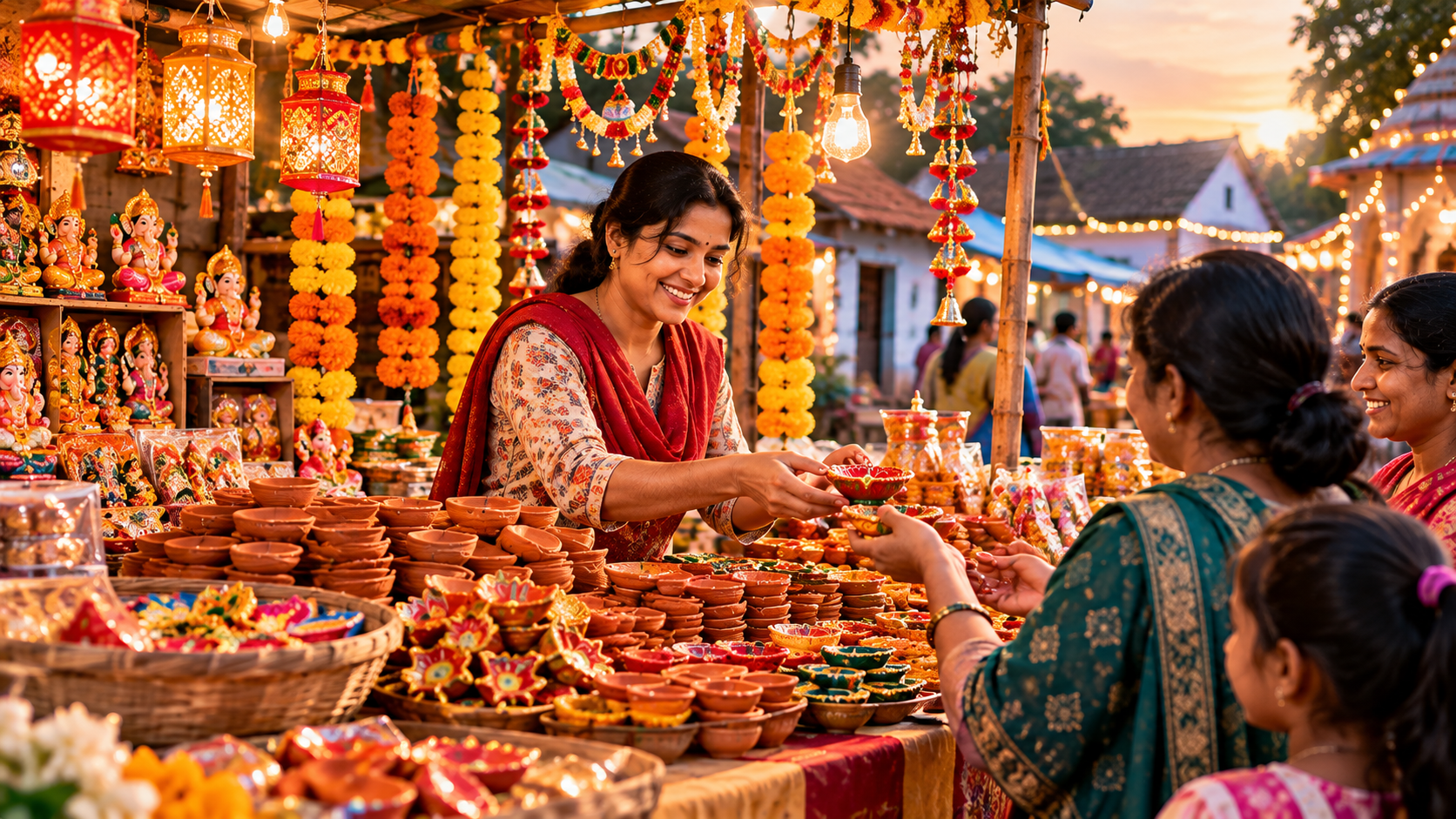 गाँव में दिवाली के दीये और सजावट का seasonal business stall