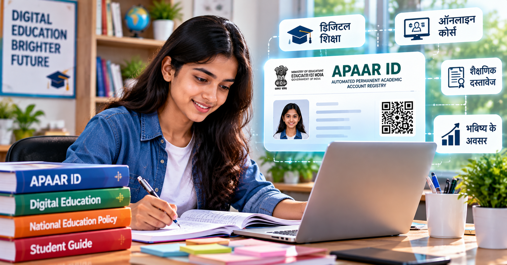 भारतीय विद्यार्थी APAAR ID और डिजिटल शिक्षा के बारे में पढ़ता हुआ