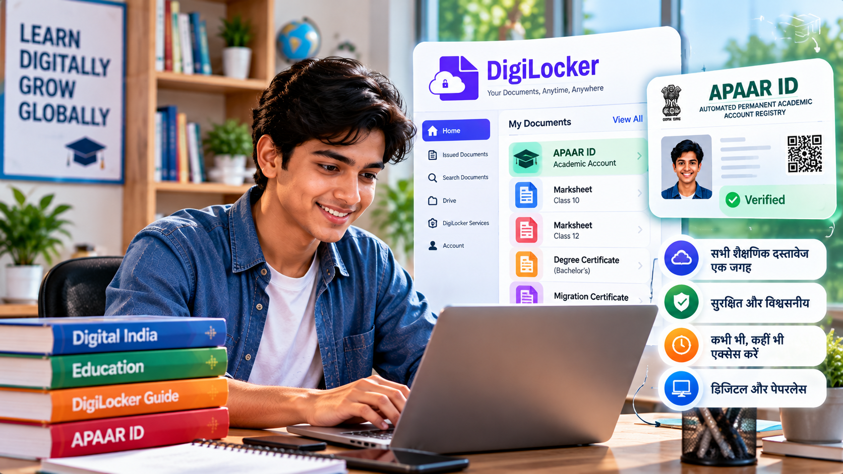 DigiLocker पर डिजिटल शैक्षणिक दस्तावेज और APAAR ID चेक करता हुआ विद्यार्थी