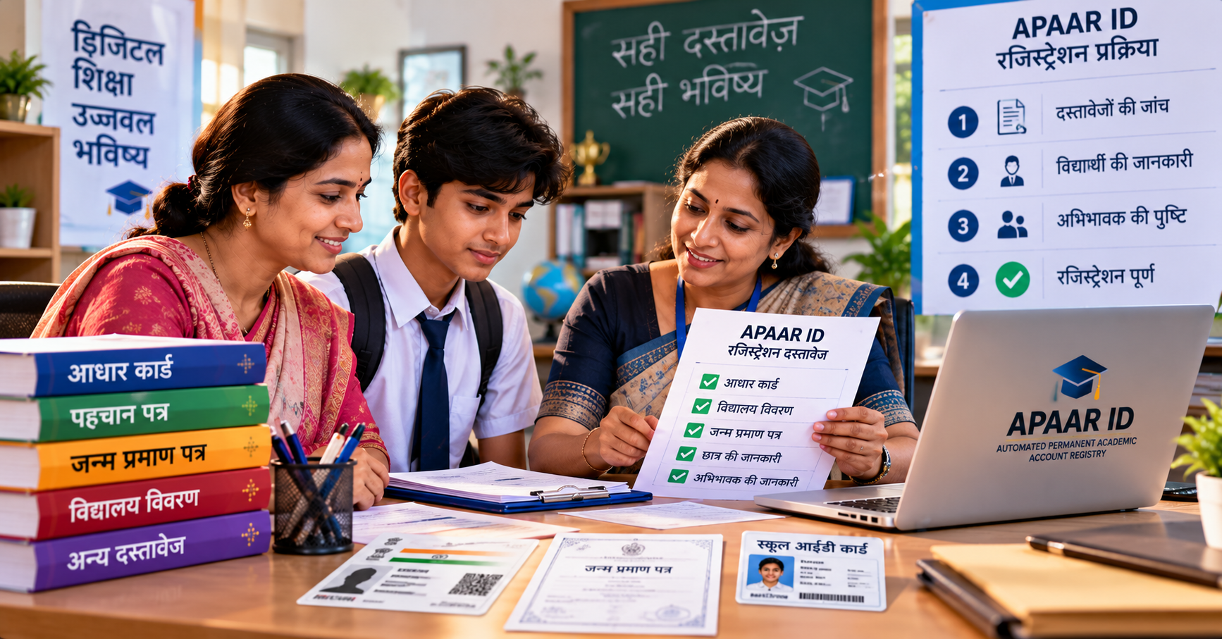 APAAR ID रजिस्ट्रेशन के लिए विद्यार्थी के दस्तावेजों की जांच करते अभिभावक और शिक्षक