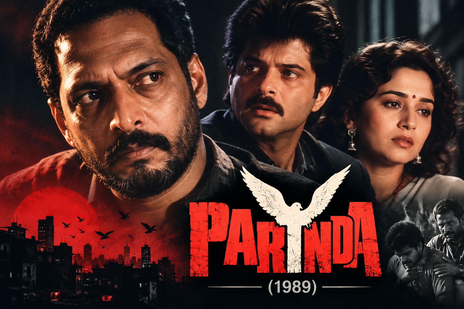 नाना पाटेकर की फिल्म परिंदा (1989) का सिनेमैटिक पोस्टर