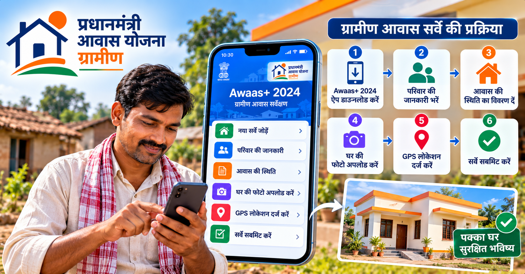 PMAY-G के Awaas+ 2024 ऐप के माध्यम से ग्रामीण आवास सर्वे की प्रक्रिया।