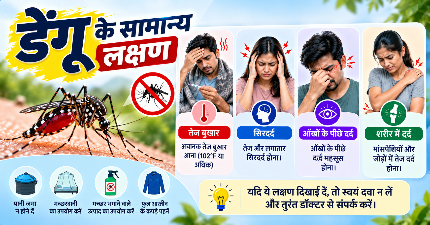 डेंगू के सामान्य लक्षण जैसे तेज बुखार, सिरदर्द, आँखों के पीछे दर्द और शरीर में दर्द की जानकारी।