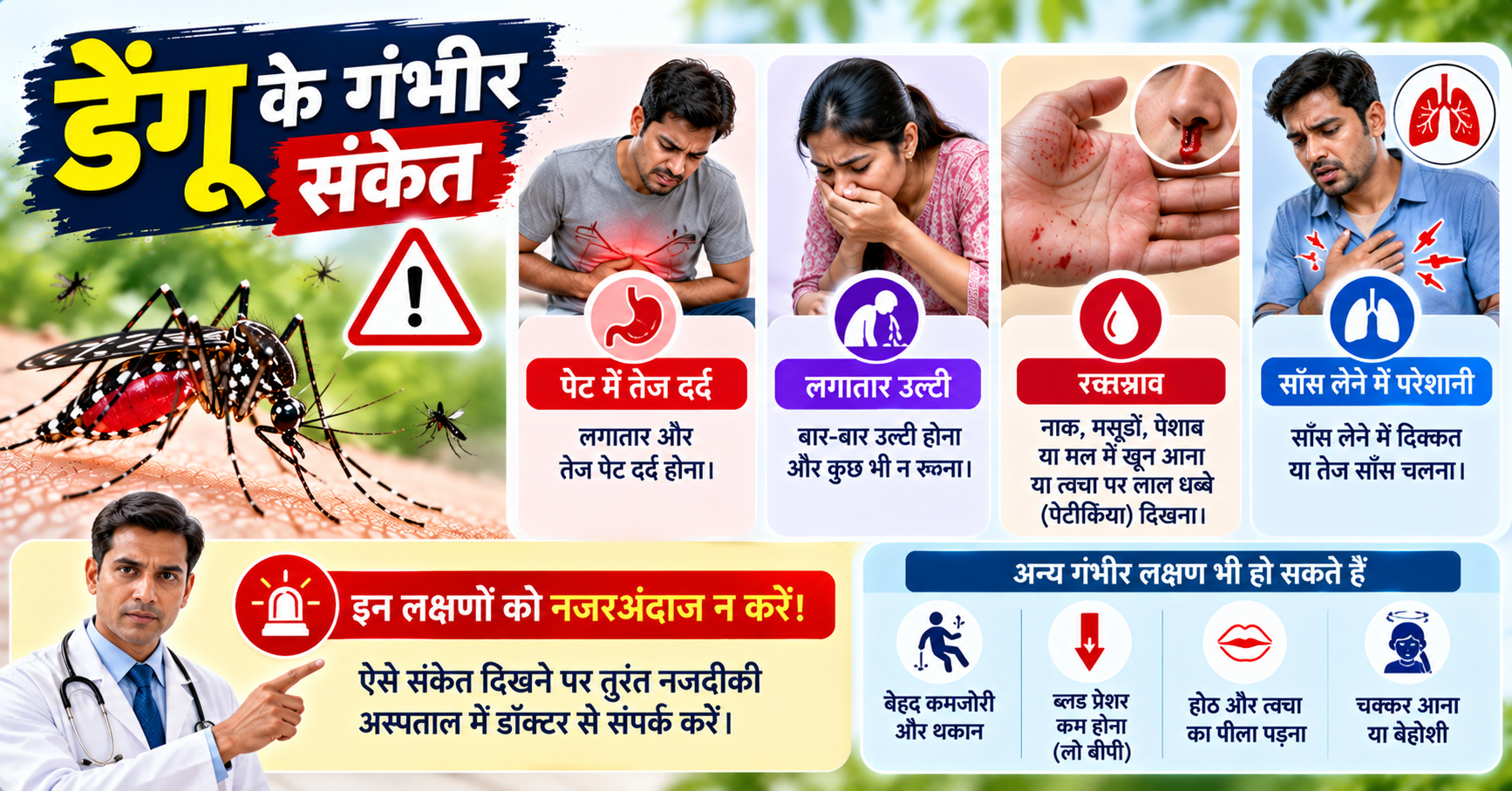 डेंगू के गंभीर संकेत जैसे पेट में तेज दर्द, लगातार उल्टी, रक्तस्राव और साँस लेने में परेशानी।