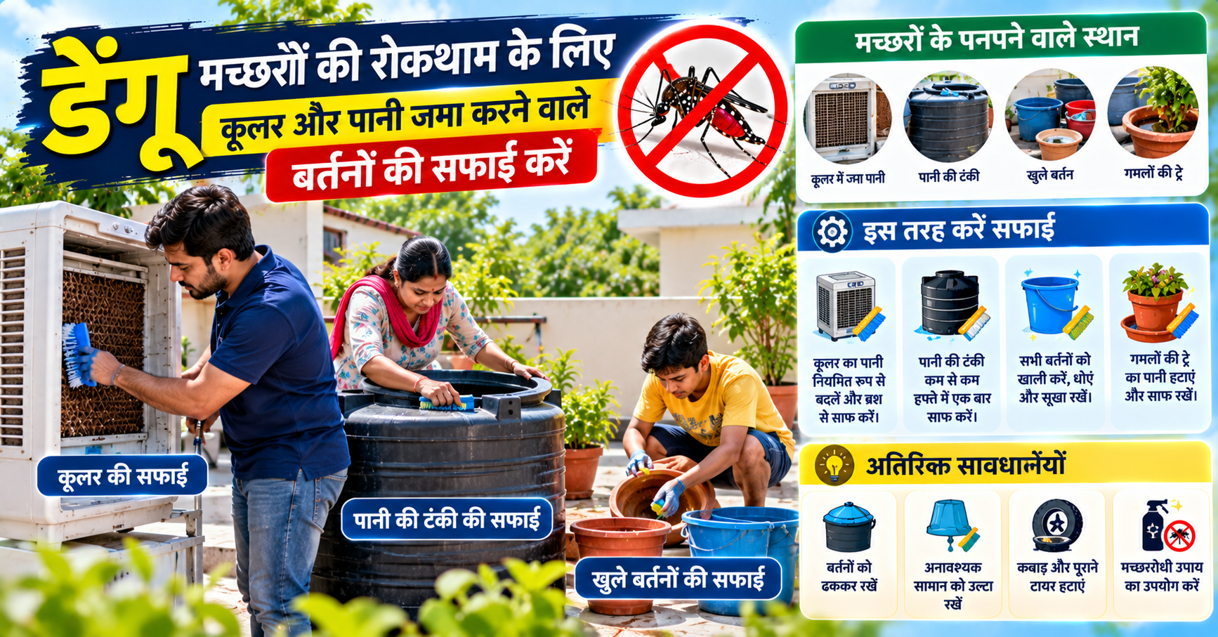 डेंगू फैलाने वाले मच्छरों की रोकथाम के लिए कूलर और पानी जमा करने वाले बर्तनों की सफाई।