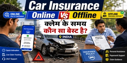 कार का accident scene जिसमें person phone पर insurance app खोल रहा है, text overlay: "Online vs Offline Car Insurance India"