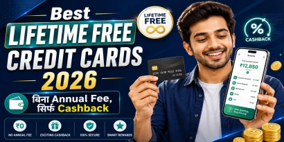 भारतीय युवा हाथ में credit card पकड़े smartphone पर cashback देख रहा है, text overlay: "Best Lifetime Free Credit Cards 2026"