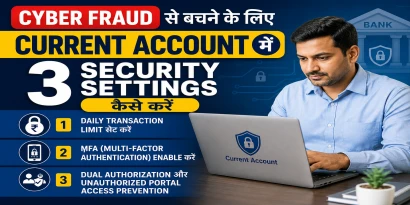 Small business owner current account net banking security settings check karta hua laptop par, cyber fraud se bachne ke tarike
