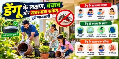 डेंगू से बचाव के लिए घर के आसपास पानी जमा होने से रोकते और मच्छरों से सुरक्षा करते परिवार का चित्र।